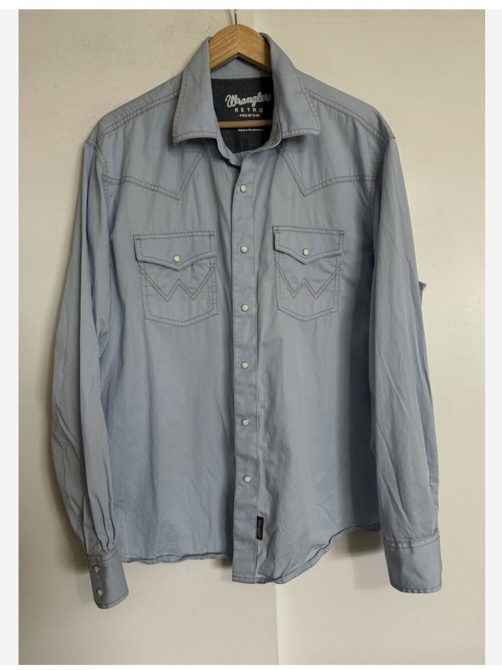 WRANGLER Retro Blue Western Pearl Snap Shirt Mens XL Retro
